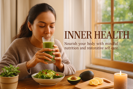 Woman drinks green juice, with salad, avocado, and lemon on table. Text: 
