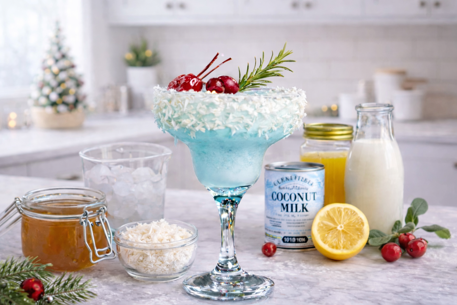 Jack Frost Mocktail, all-natural holiday drink, alcohol-free winter recipes, clean mocktail recipes