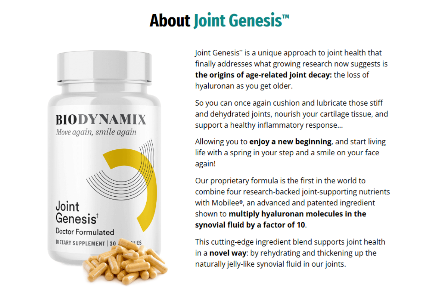 Joint Genesis supplement bottle and text about its joint health benefits.