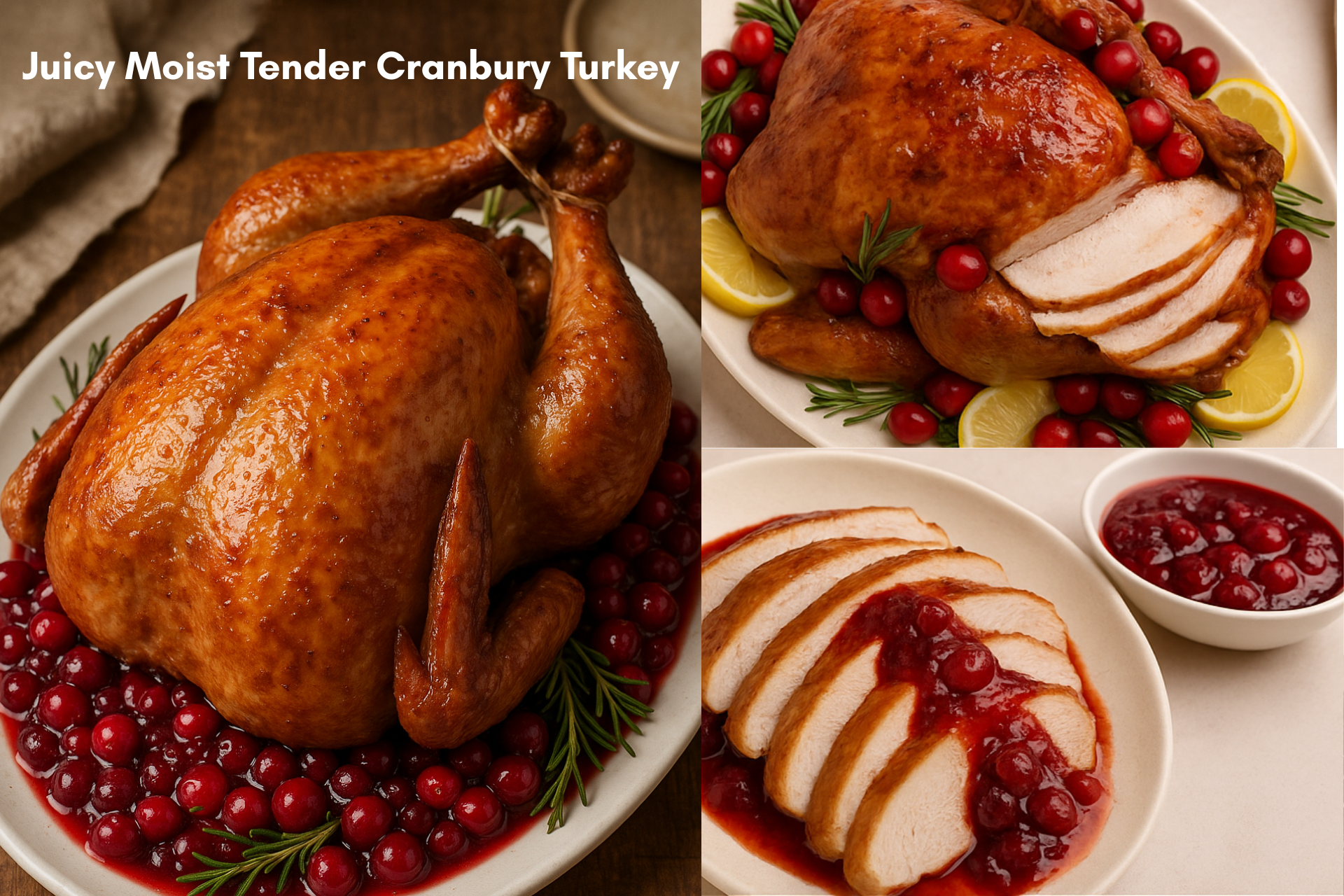 Roasted cranberry turkey on a platter with sliced turkey, cranberry sauce.