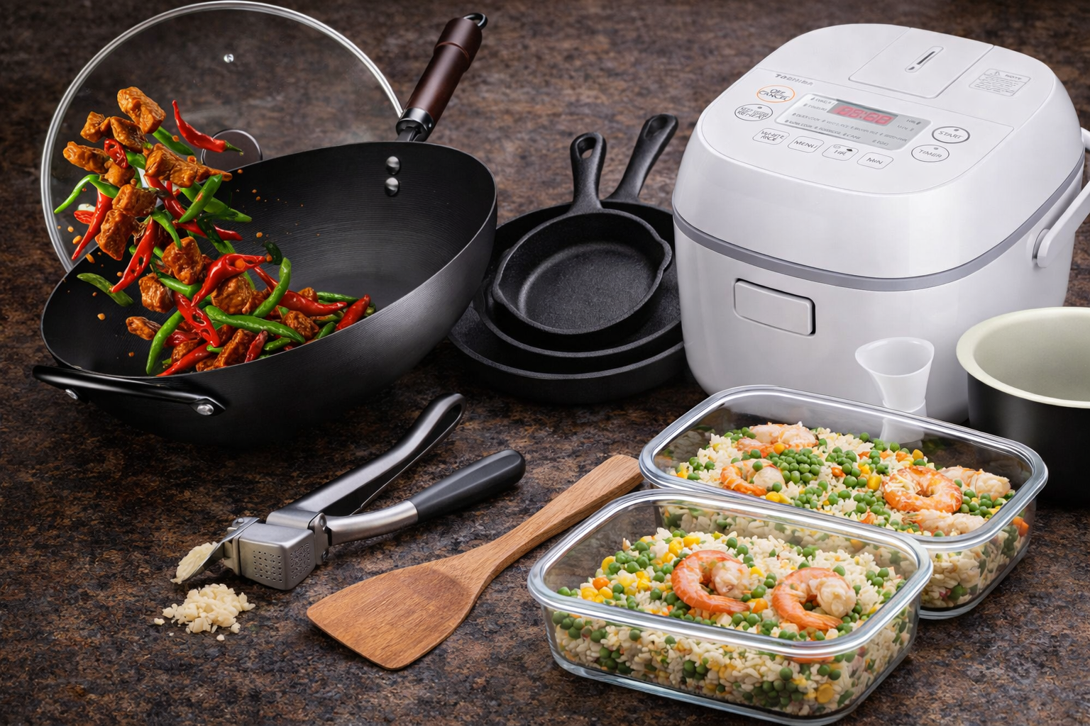 Kitchen essentials on textured countertop