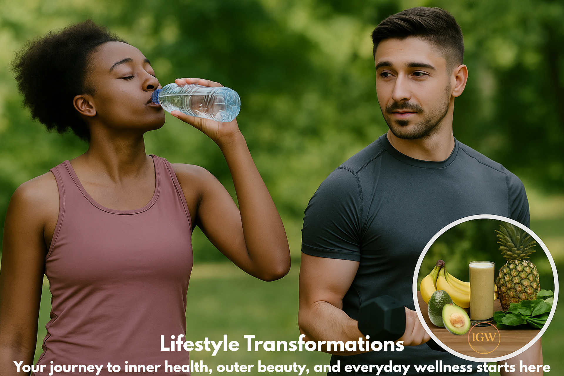 A woman drinks water as a man holds a dumbbell. Text: Lifestyle Transformations, starts here. Healthy food inset.
