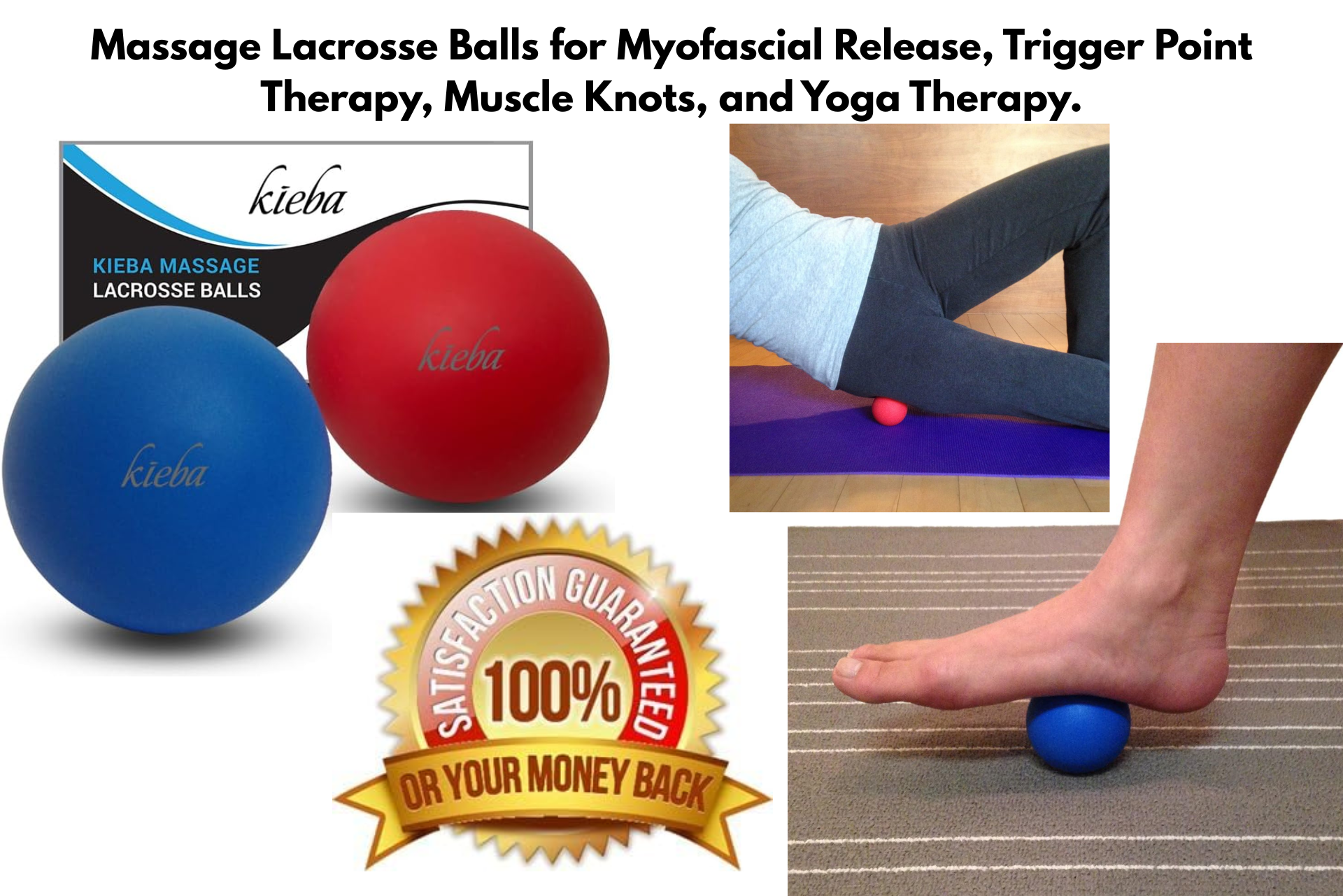 Lacrosse balls for massage: blue and red balls, person using them on leg and foot. 100% money back guarantee seal.