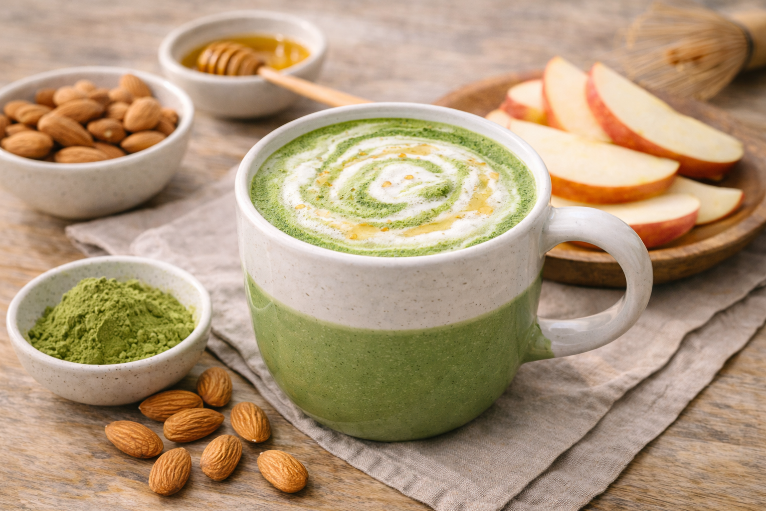 Matcha latte with almonds and apples