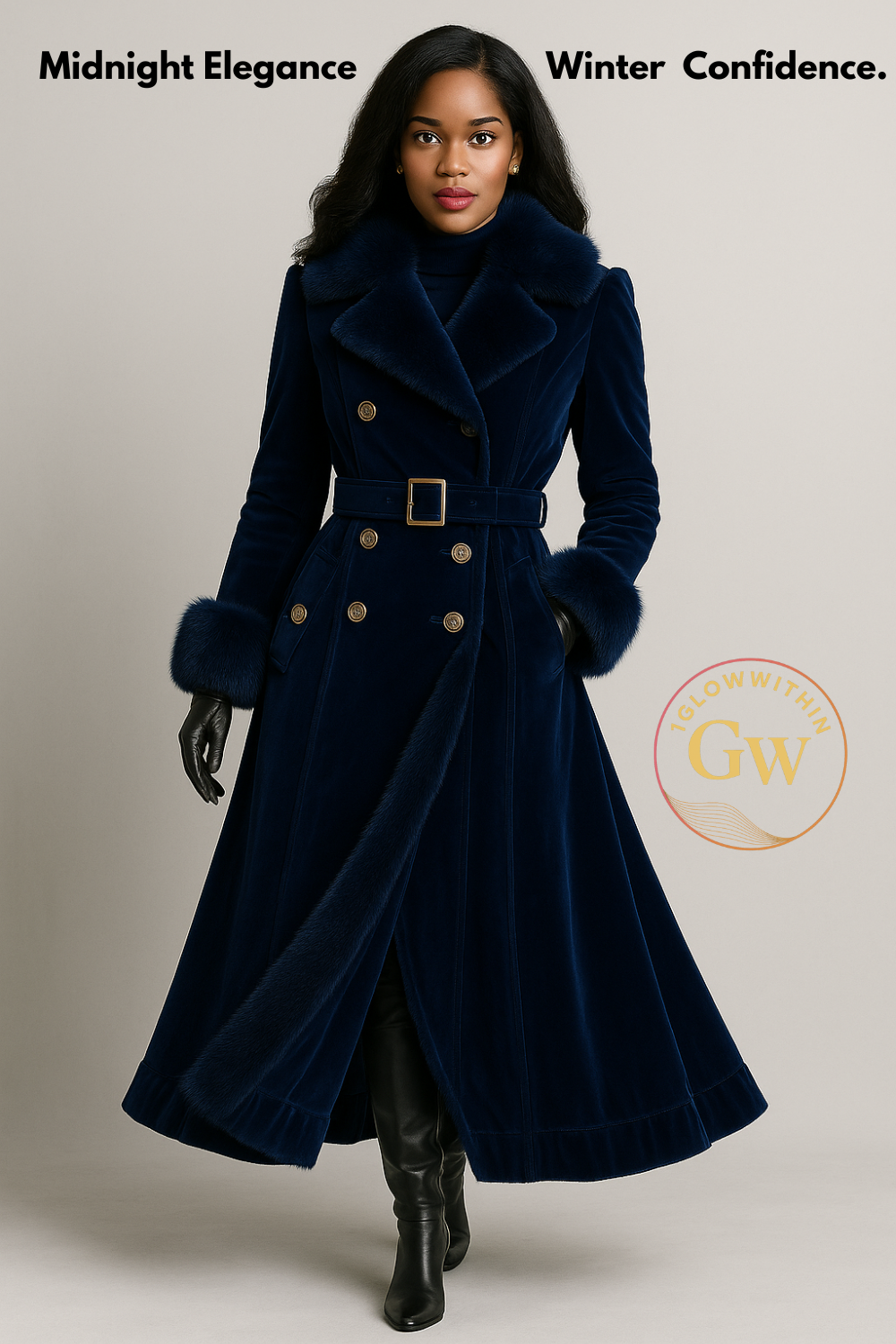 Woman in long, navy blue coat with fur cuffs, standing indoors.