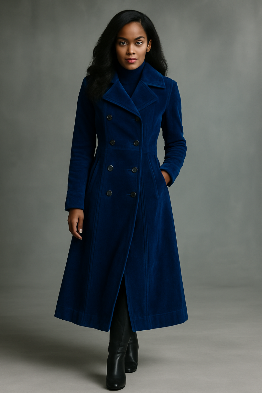 Woman in a long, royal blue, double-breasted coat and turtleneck, standing with hands in pockets.