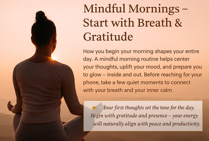 Woman meditating at sunrise, text promoting mindful mornings and gratitude for a positive day.