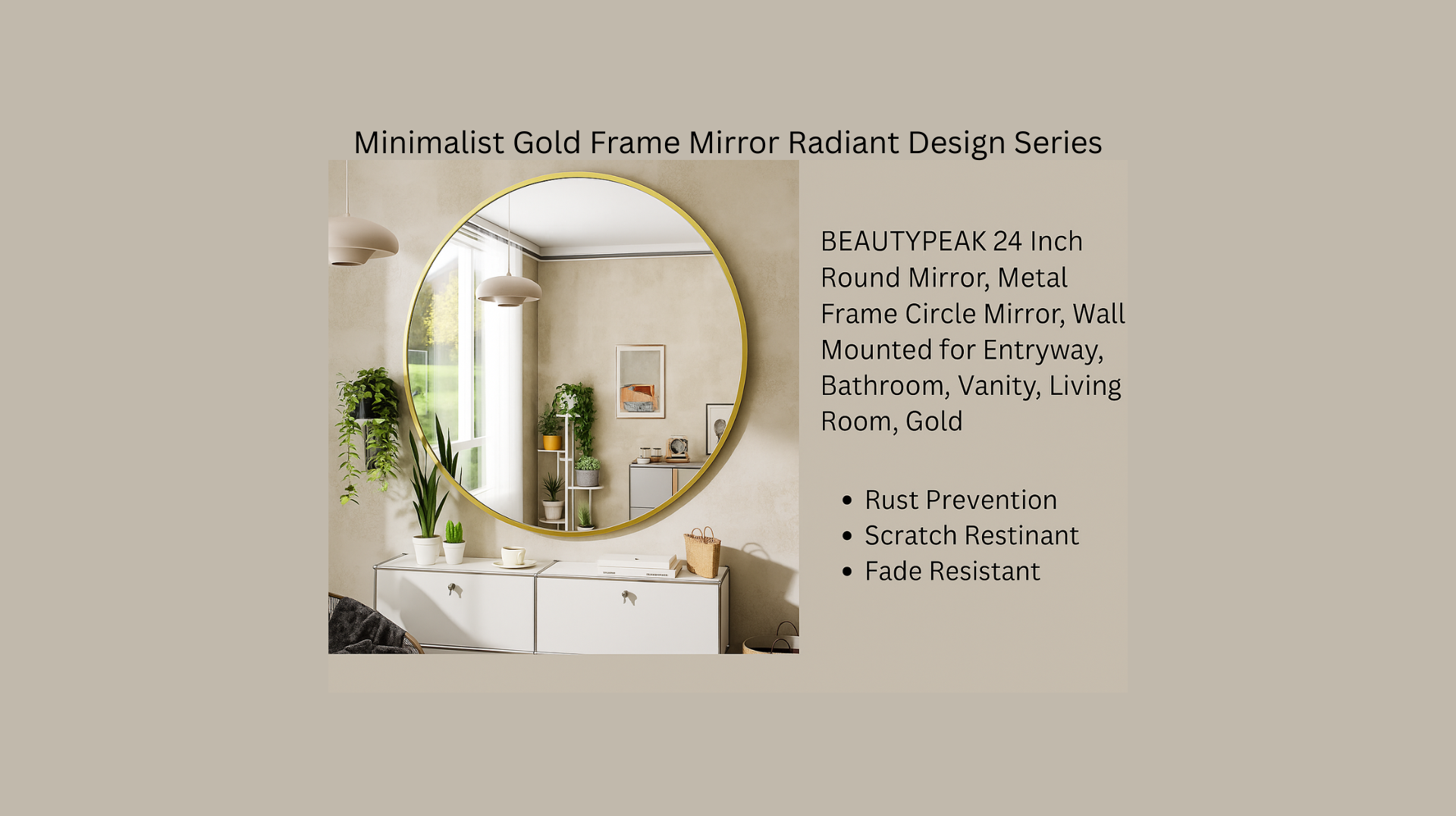 Gold framed round mirror hanging on a wall; product details.