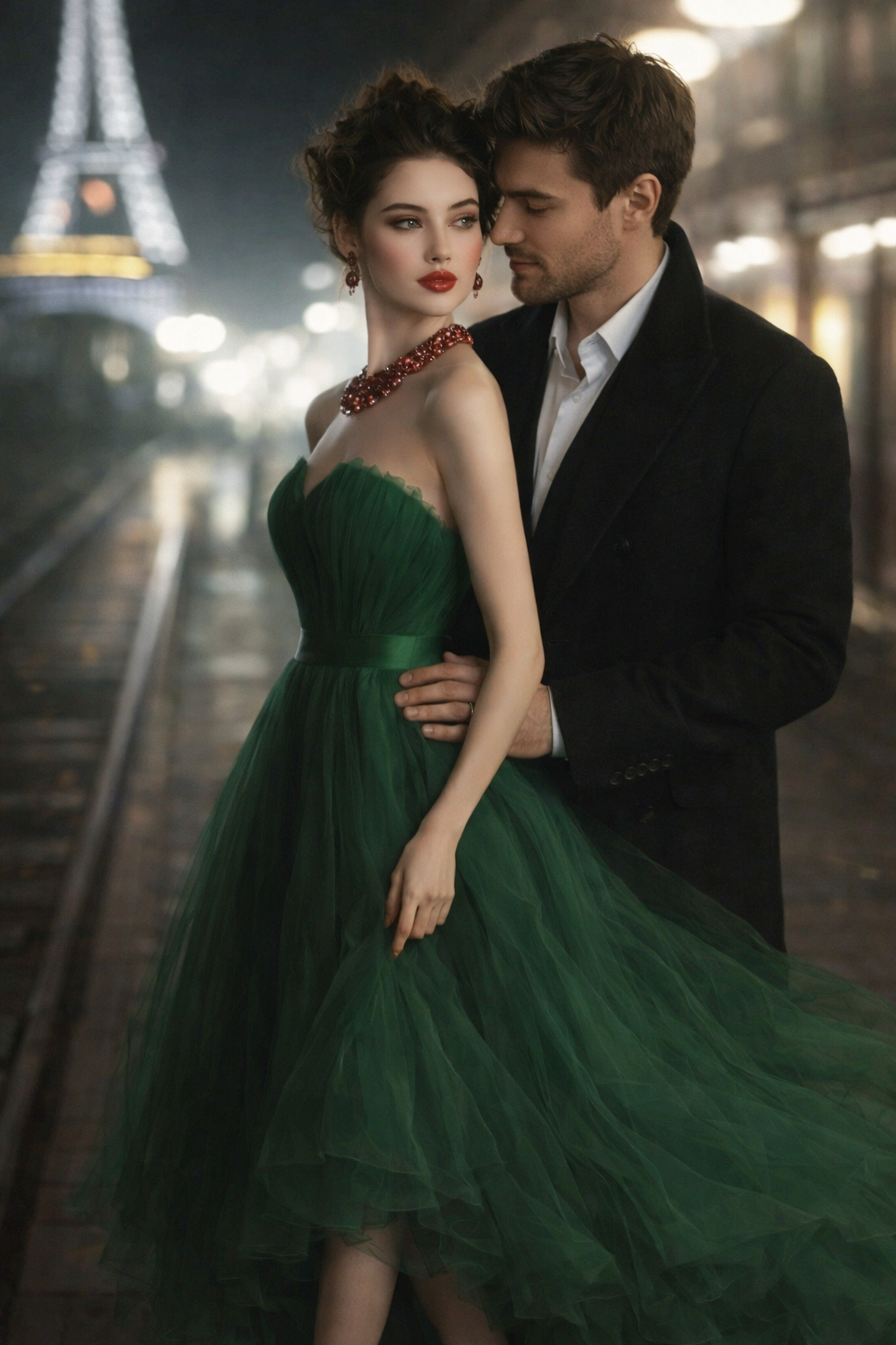 Woman in green gown and man in coat embrace near a railway track, Eiffel Tower in background.