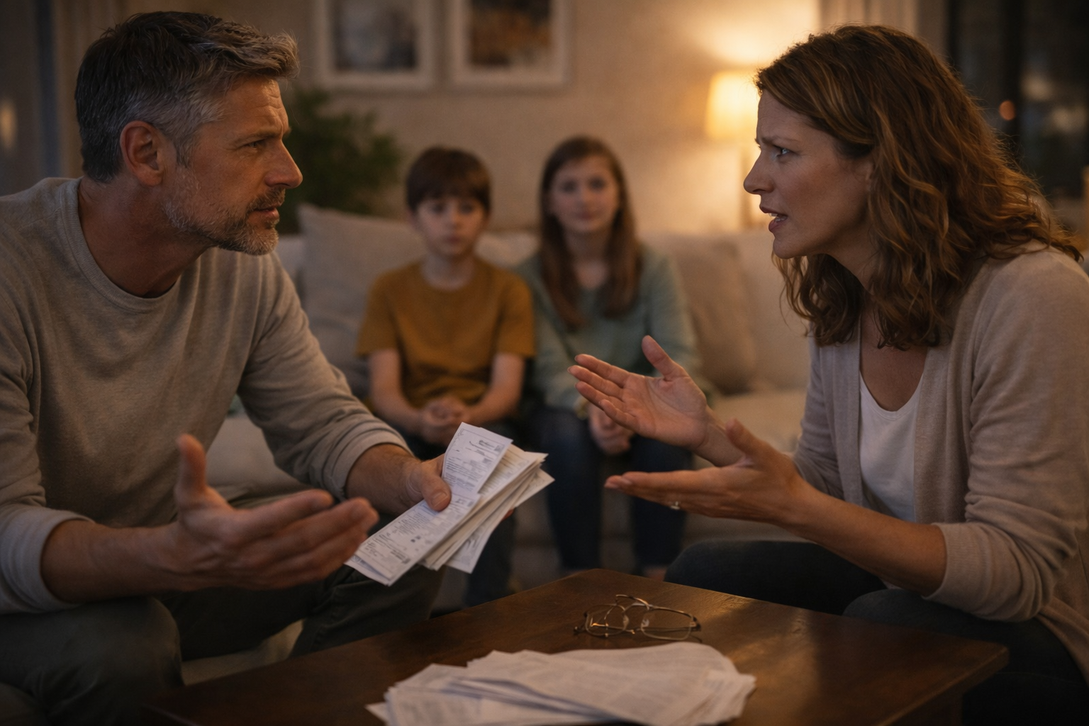 Family financial stress in a cozy living room