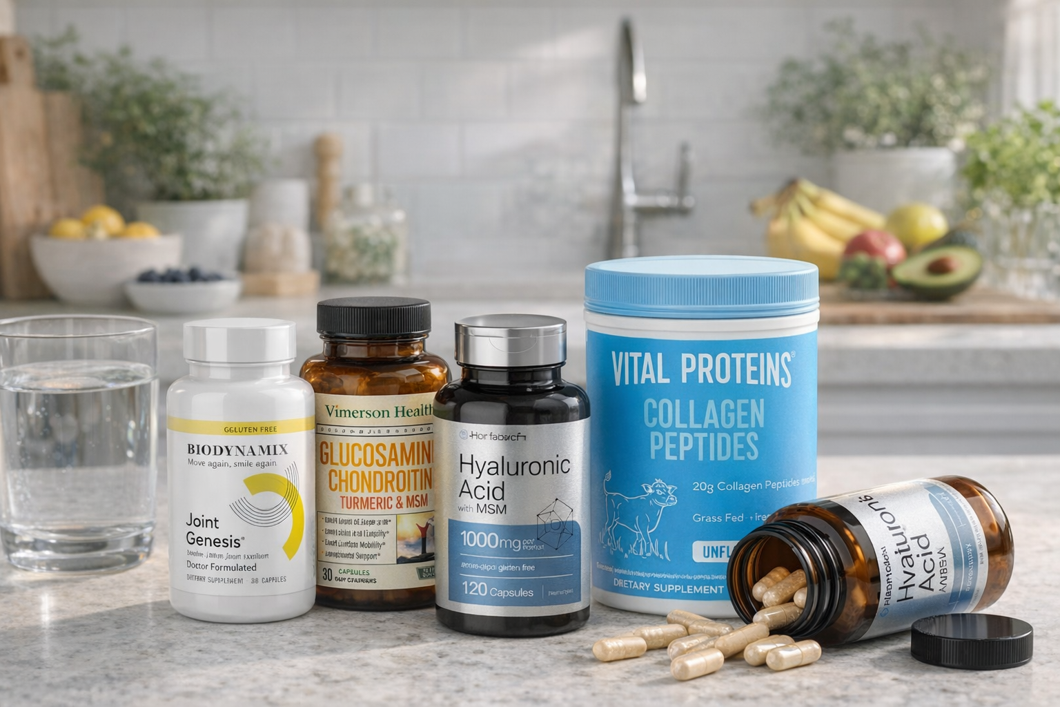 Morning supplement routine on marble counter