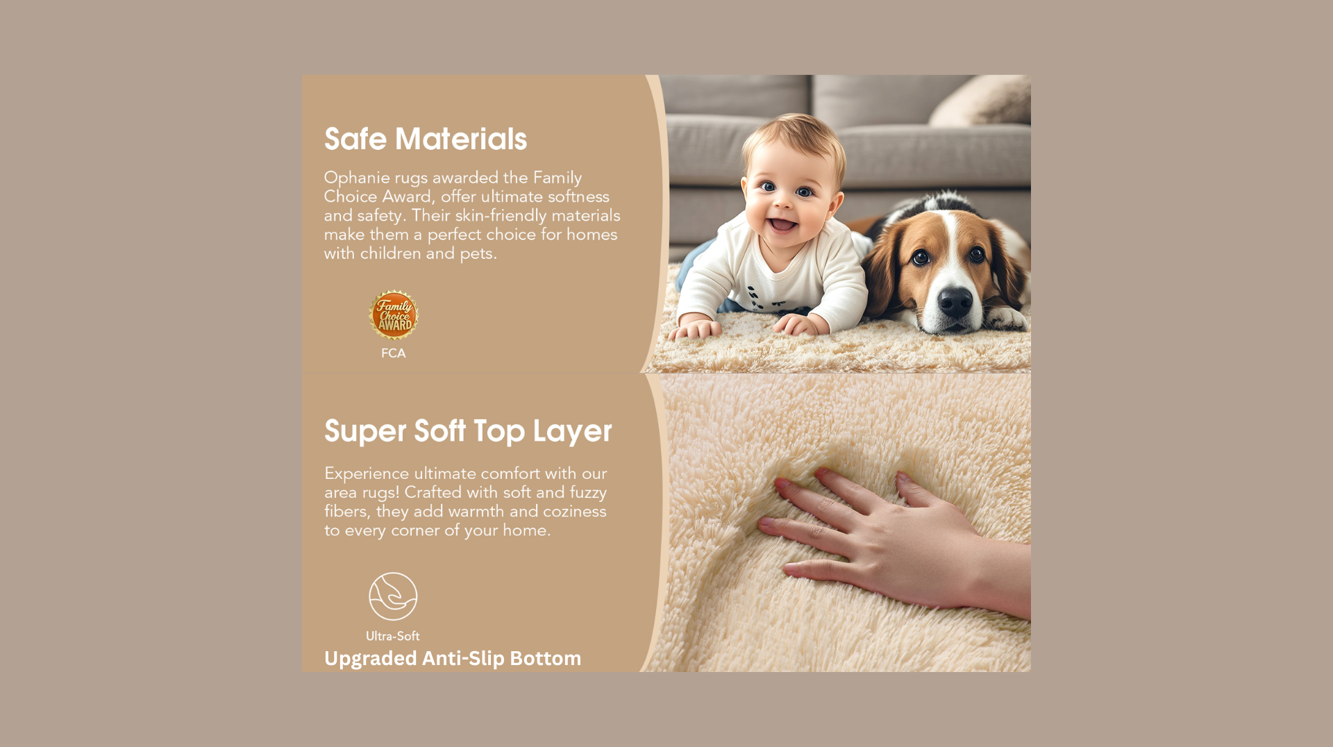 Warm neutral accent rug adds textured comfort and balance to home decor