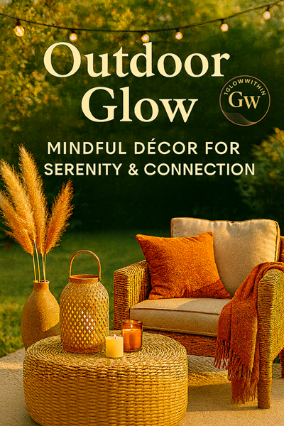 Outdoor patio with cozy seating, decor in warm tones, and string lights.