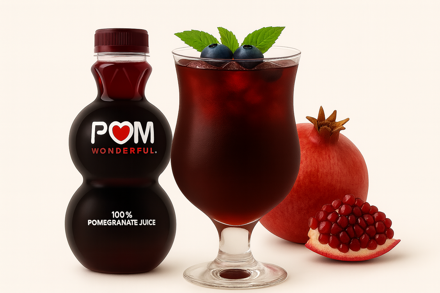Bottle and glass of POM Wonderful pomegranate juice with a whole and sliced pomegranate.