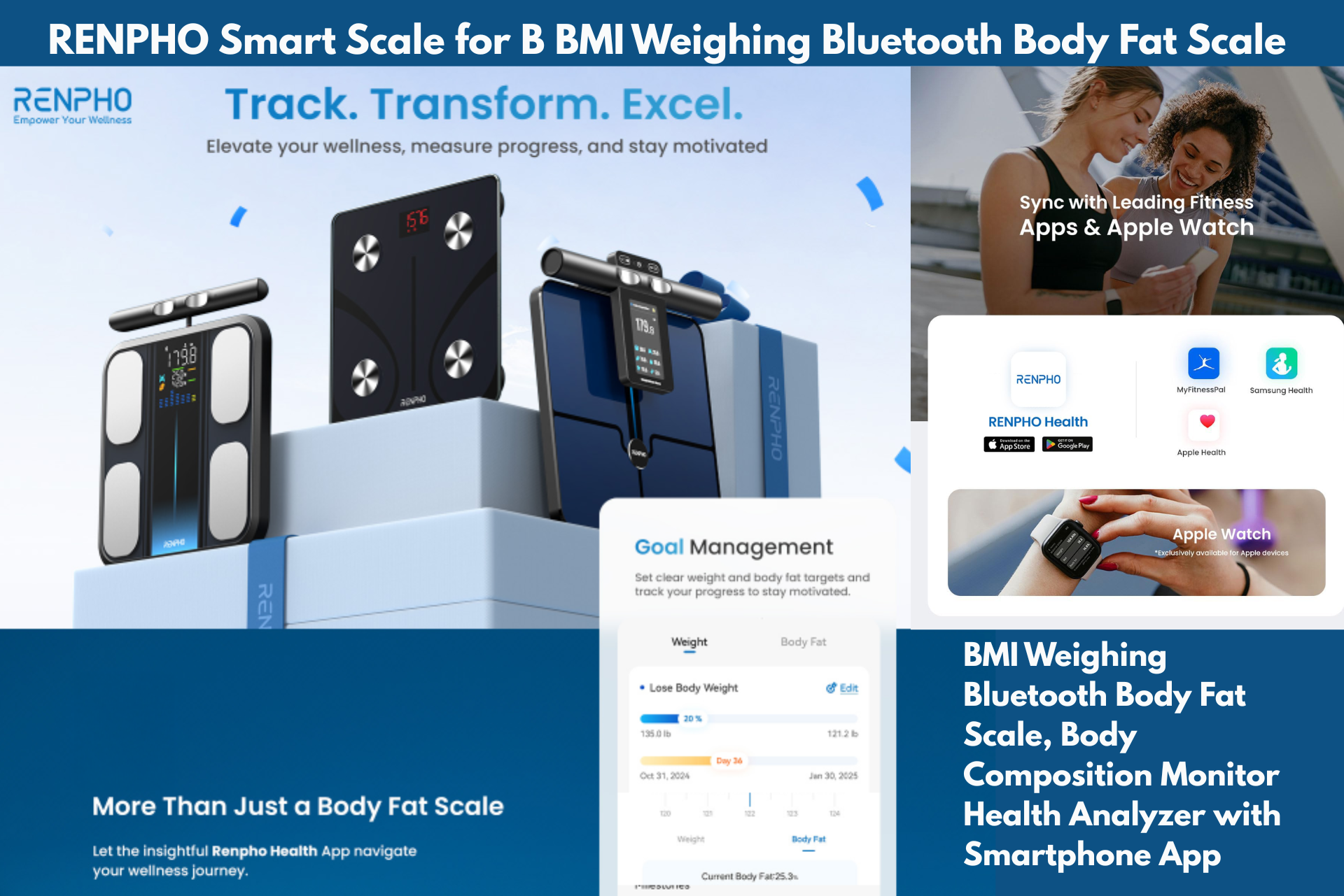 RENPHO smart scale advertisement: Bluetooth body fat scale, app, track and transform excel.