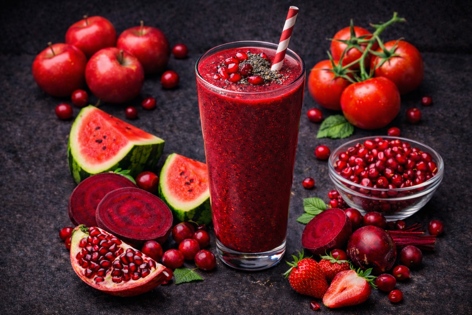 Red superfoods smoothie with fruits for heart health