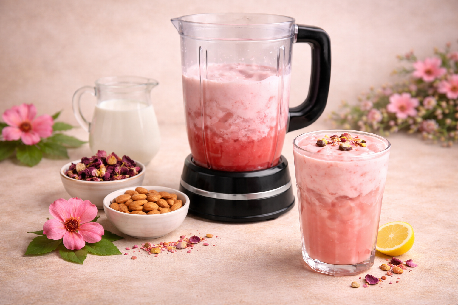 Refreshing hibiscus rose almond lemonade