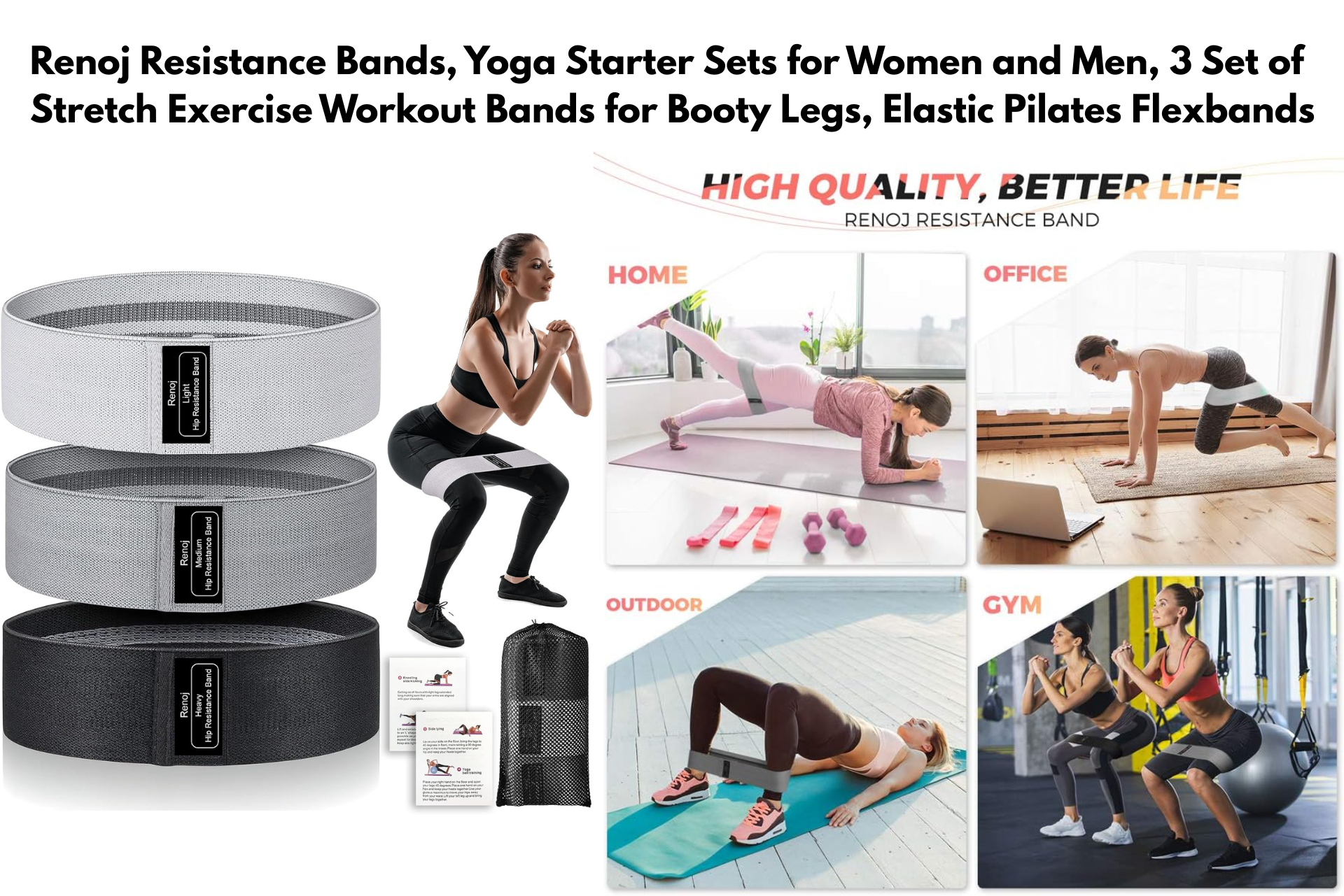 Resistance bands for exercise. Woman using bands at home, office, outdoors, and gym.