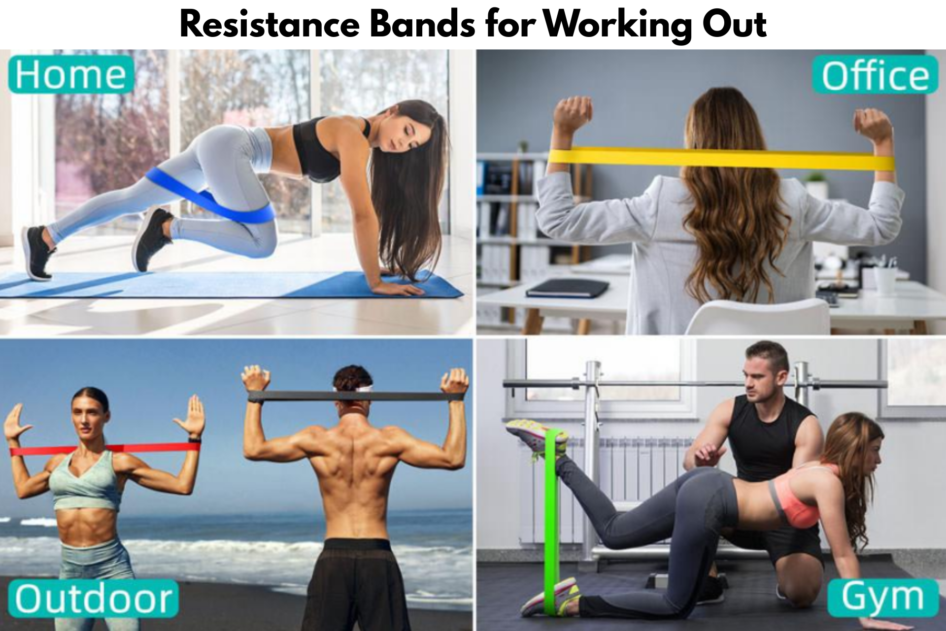 Resistance band workout demonstrations: home, office, outdoor, gym. People use bands in various settings for exercise.
