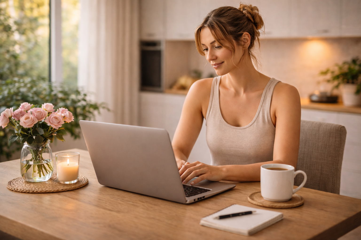 Woman at a wooden table using a laptop, with coffee, notepad, and flowers. Kitchen setting.