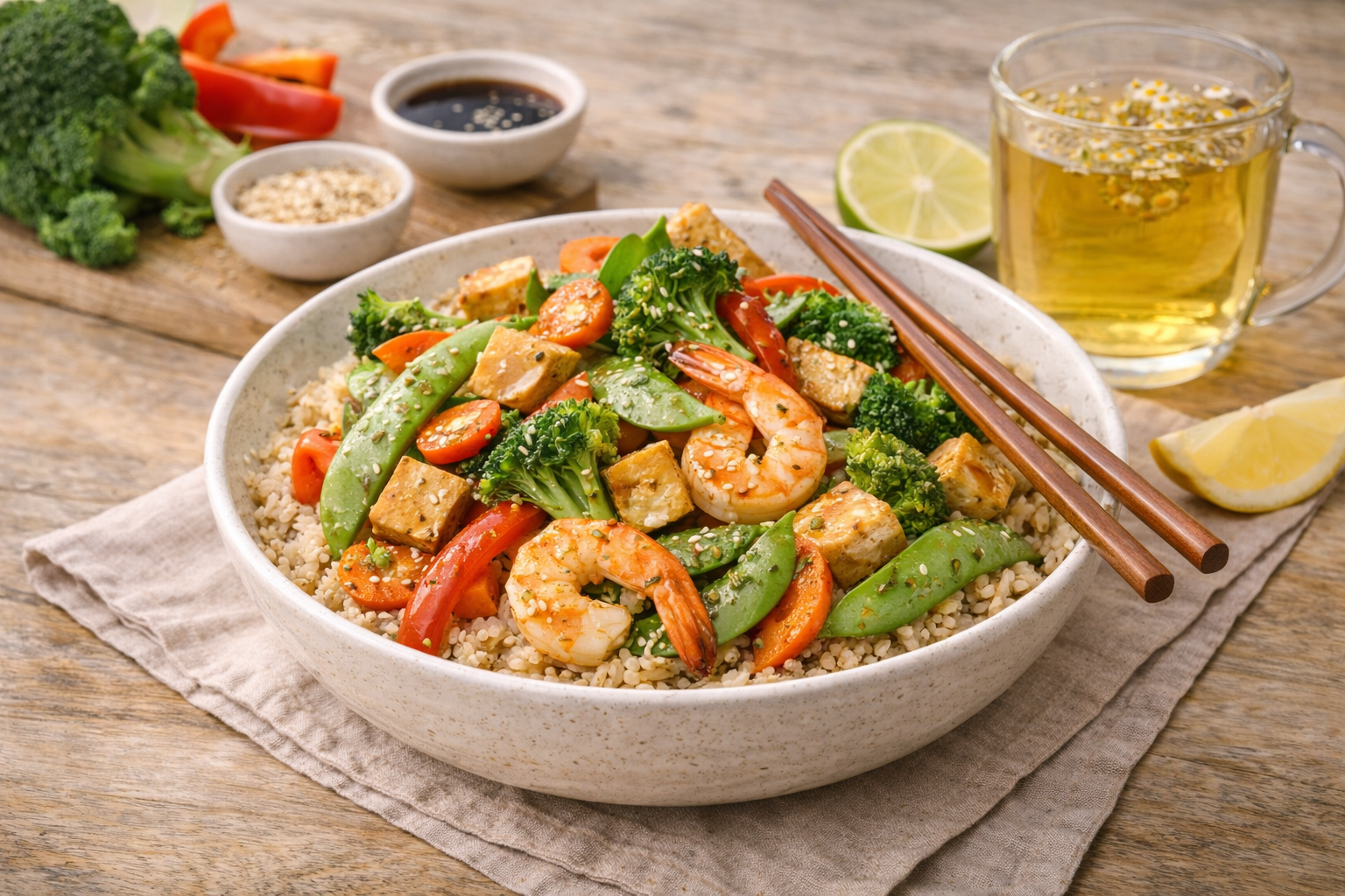 Shrimp and vegetable stir-fry with tea