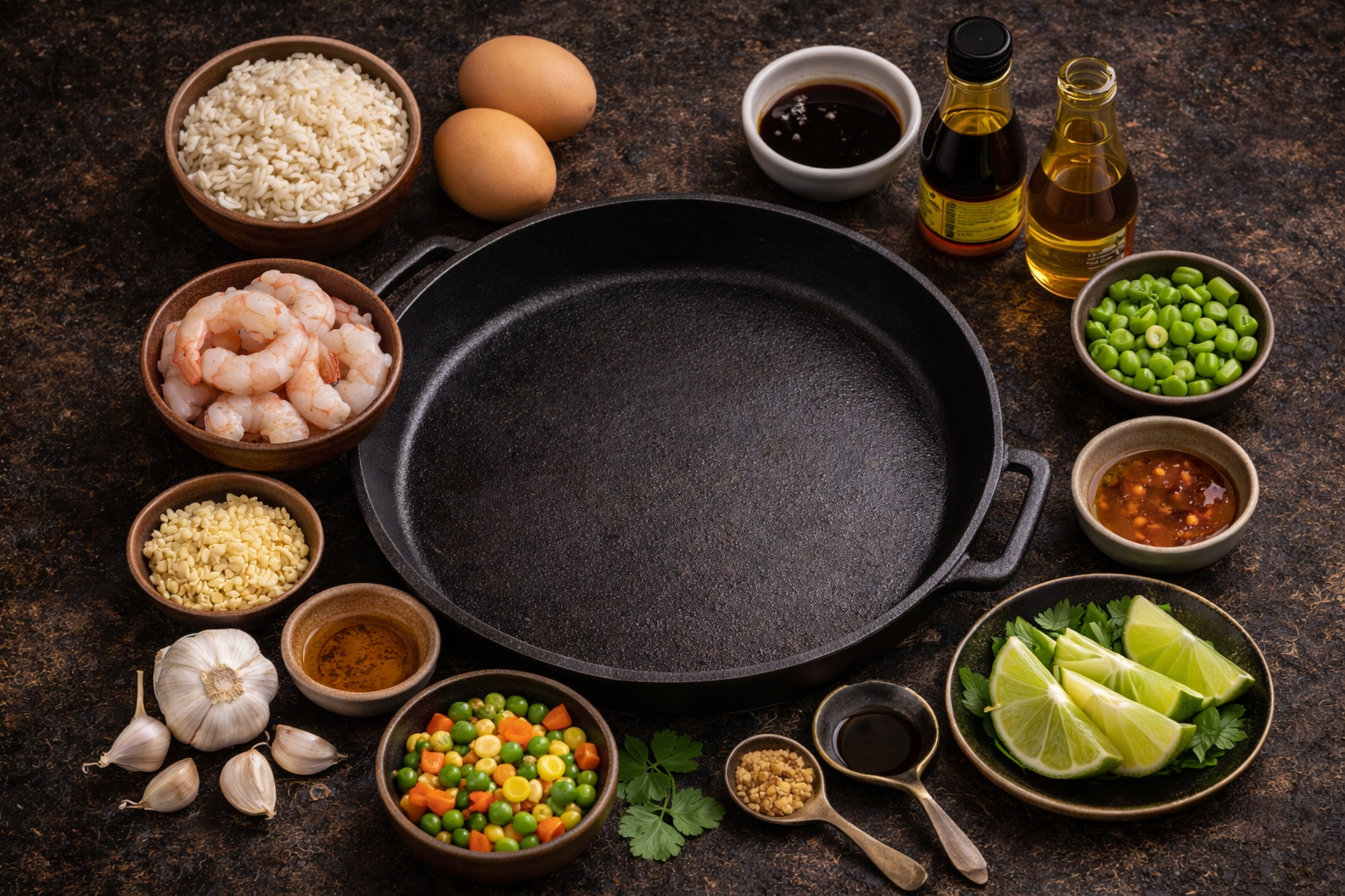 Shrimp fried rice preparation ingredients
