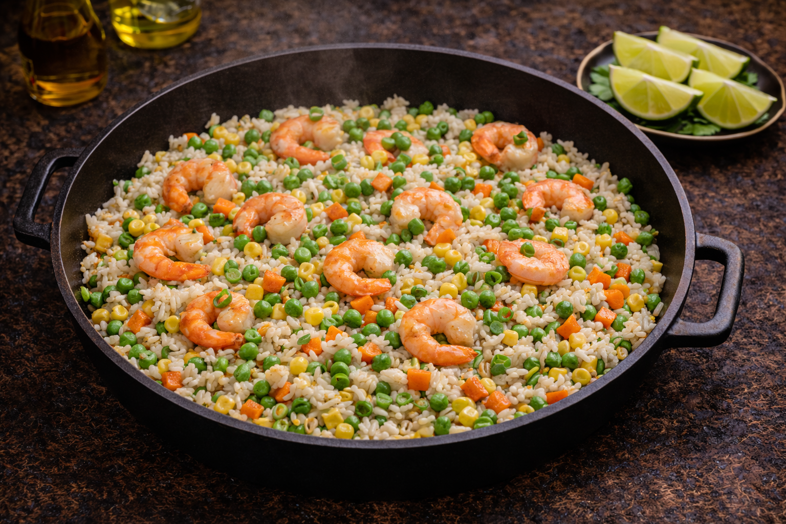Shrimp fried rice with lime wedges