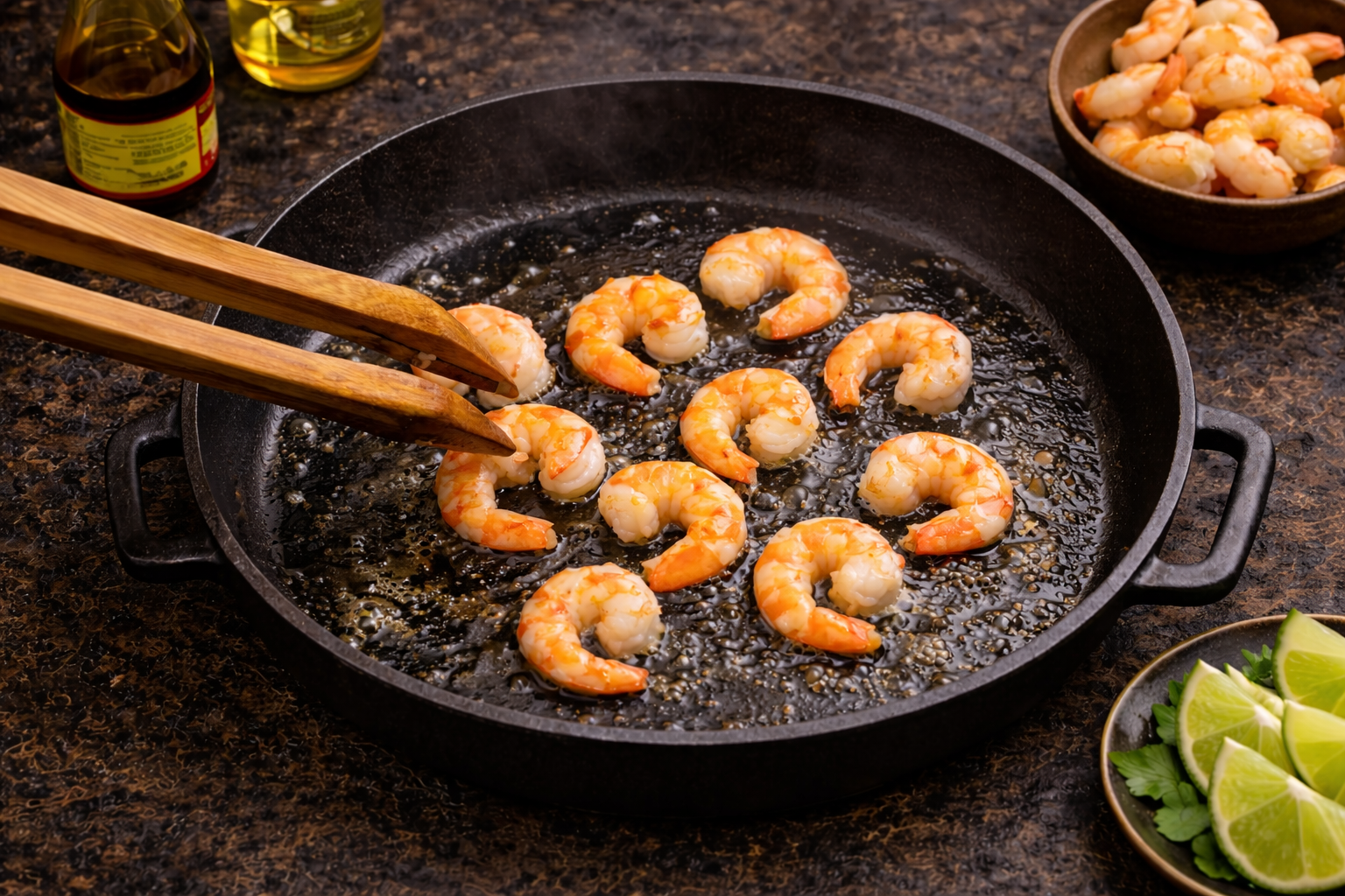 Shrimp sizzling in cast iron skillet