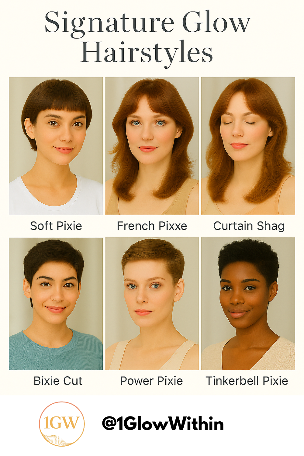 Six hairstyles, including Soft Pixie, French Pixie, and Tinkerbell Pixie, are shown on different women.