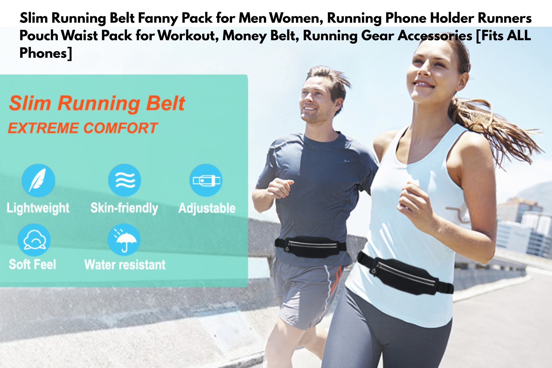 Man and woman jogging, both wearing slim running belts. Text highlights key features.