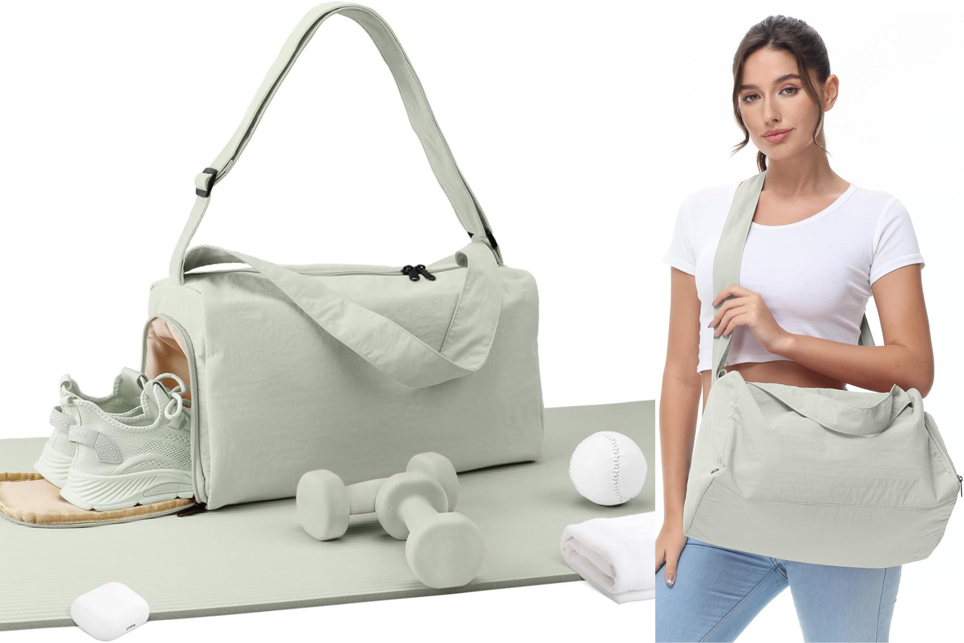 Light green gym bag, shoes, and weights. Woman wearing white shirt, carrying the bag.