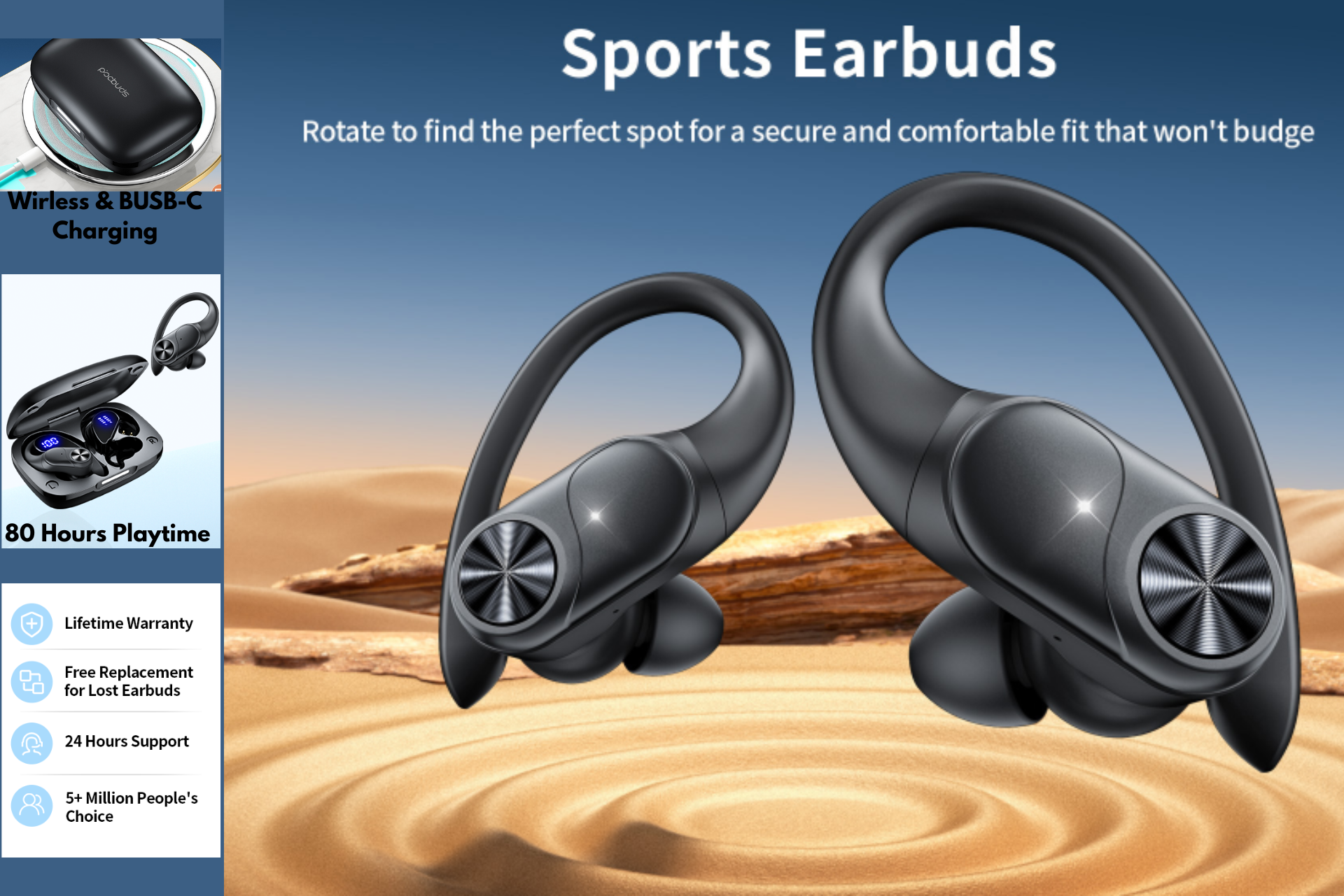 Black sports earbuds with ear hooks  Features include wireless charging, 60-hour playtime, and warranty info.