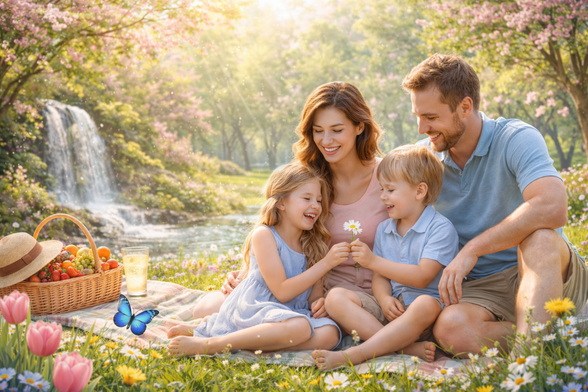 Spring family picnic in nature with sunlight glow