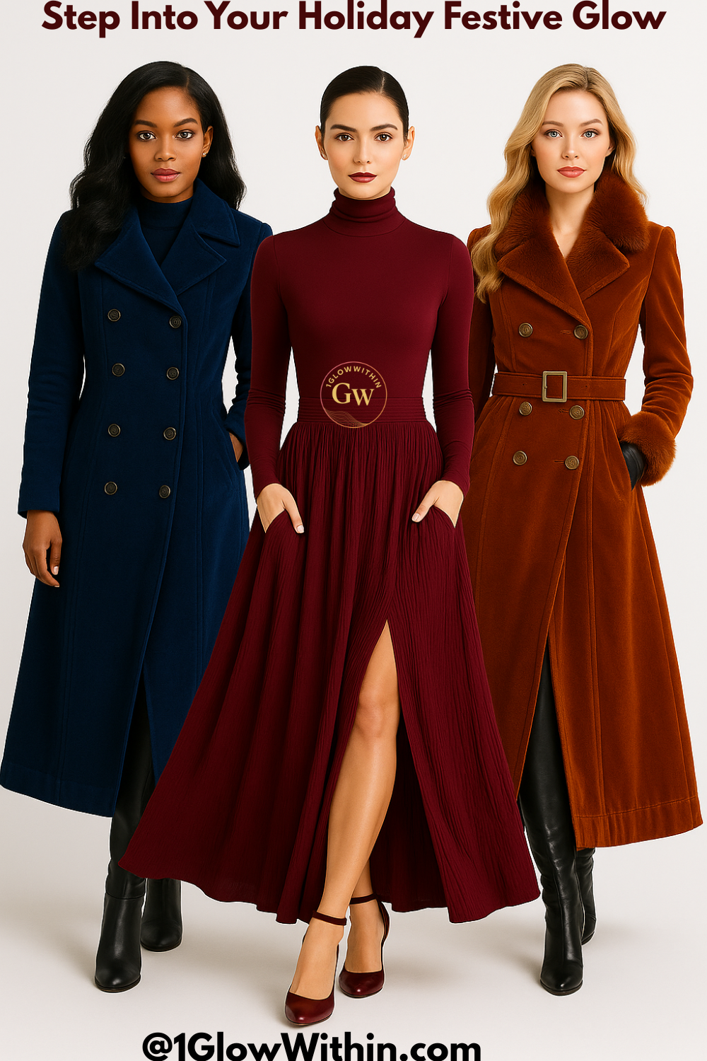 Three women in long coats and dresses, posing. Festive holiday colors: blue, burgundy, and rust.