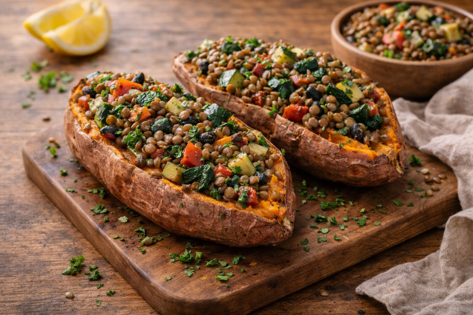Stuffed sweet potatoes with lentils and beans