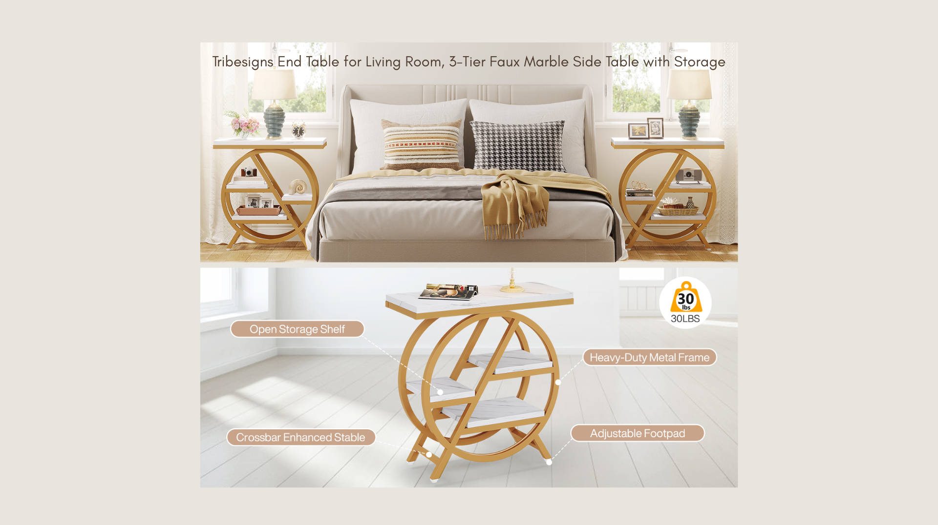 Gold and marble accent table enhances modern calm in Glow Up Spaces.