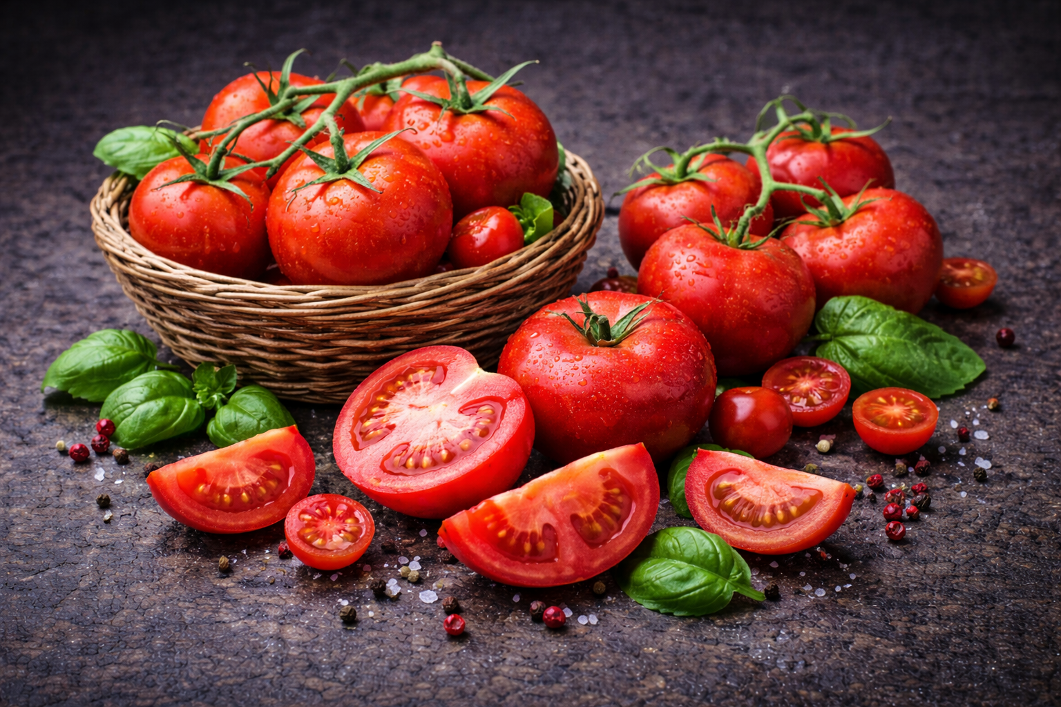 Vibrant tomatoes with basil and spice