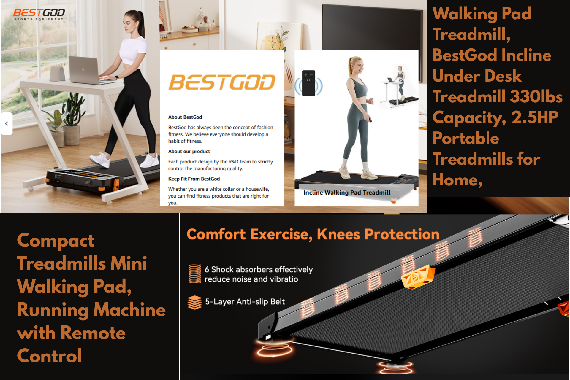 Promotional image for BESTGOD treadmills: women using them at home or office. Features and product details are shown.