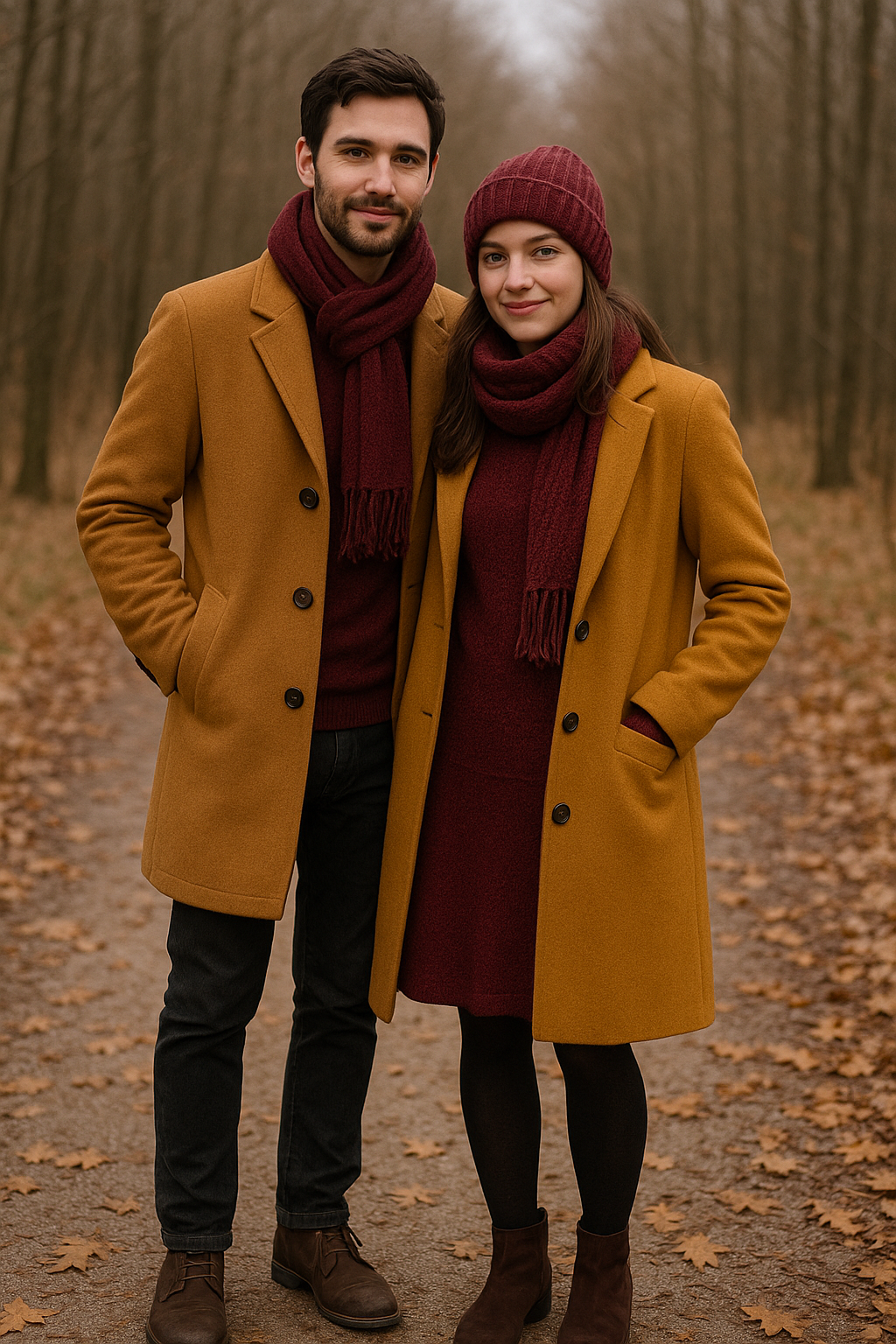 Couple in matching burgundy scarves and tan coats standing on a path in a forest.