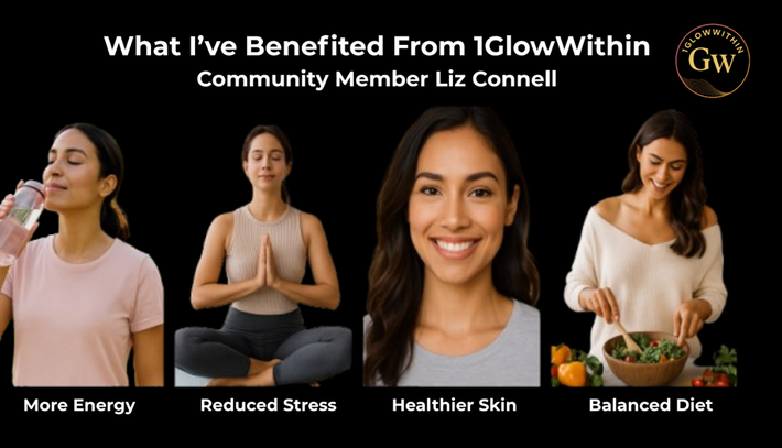 Woman demonstrates benefits: energy, reduced stress, healthier skin, and balanced diet.