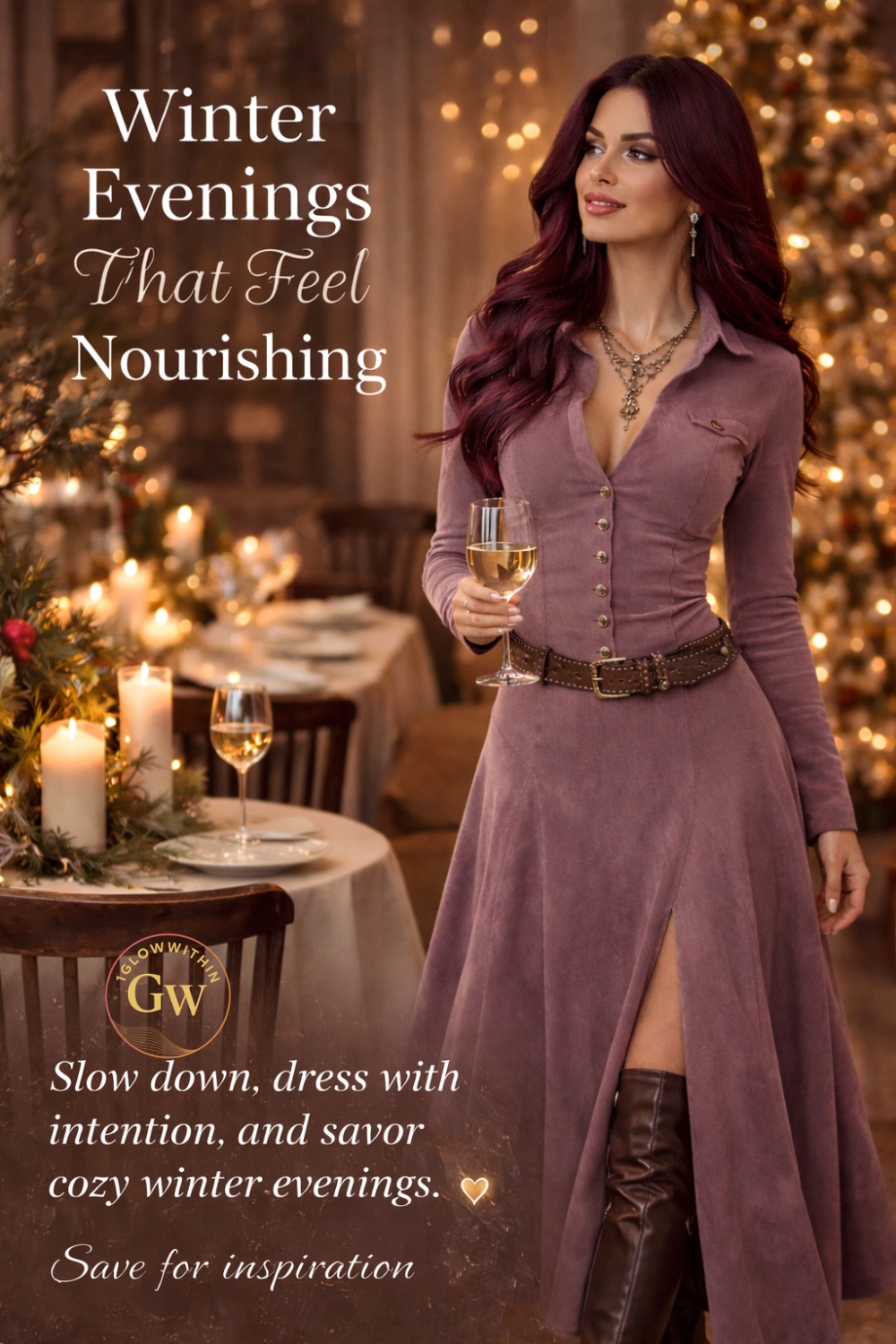 Woman in a mauve dress, holding a glass, in a cozy winter setting. Text: 