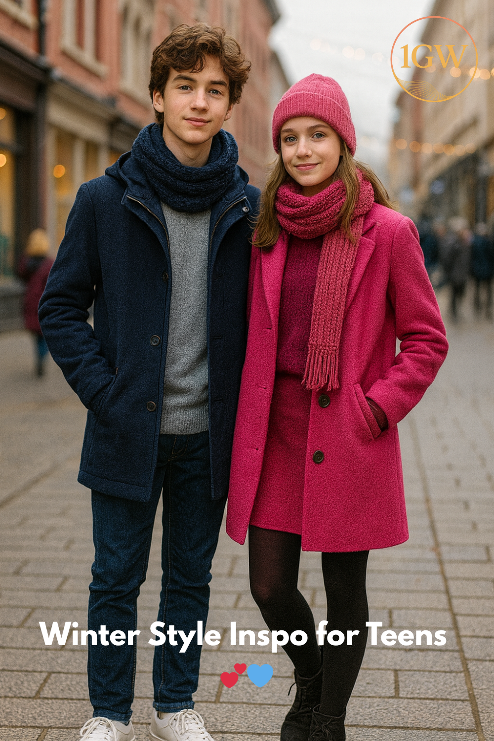 Two teens in winter outfits, standing on a city street. Boy wears navy coat and scarf. Girl in pink coat, hat, and scarf.
