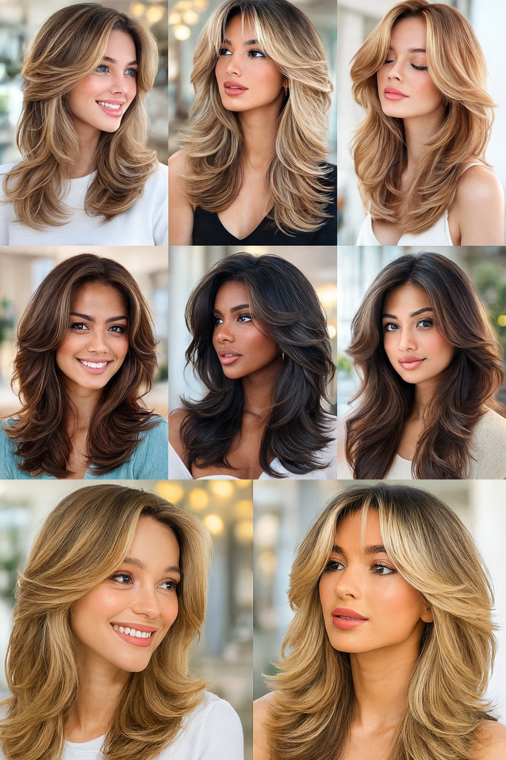 Nine women with layered hairstyles, different hair colors, and curtain bangs.