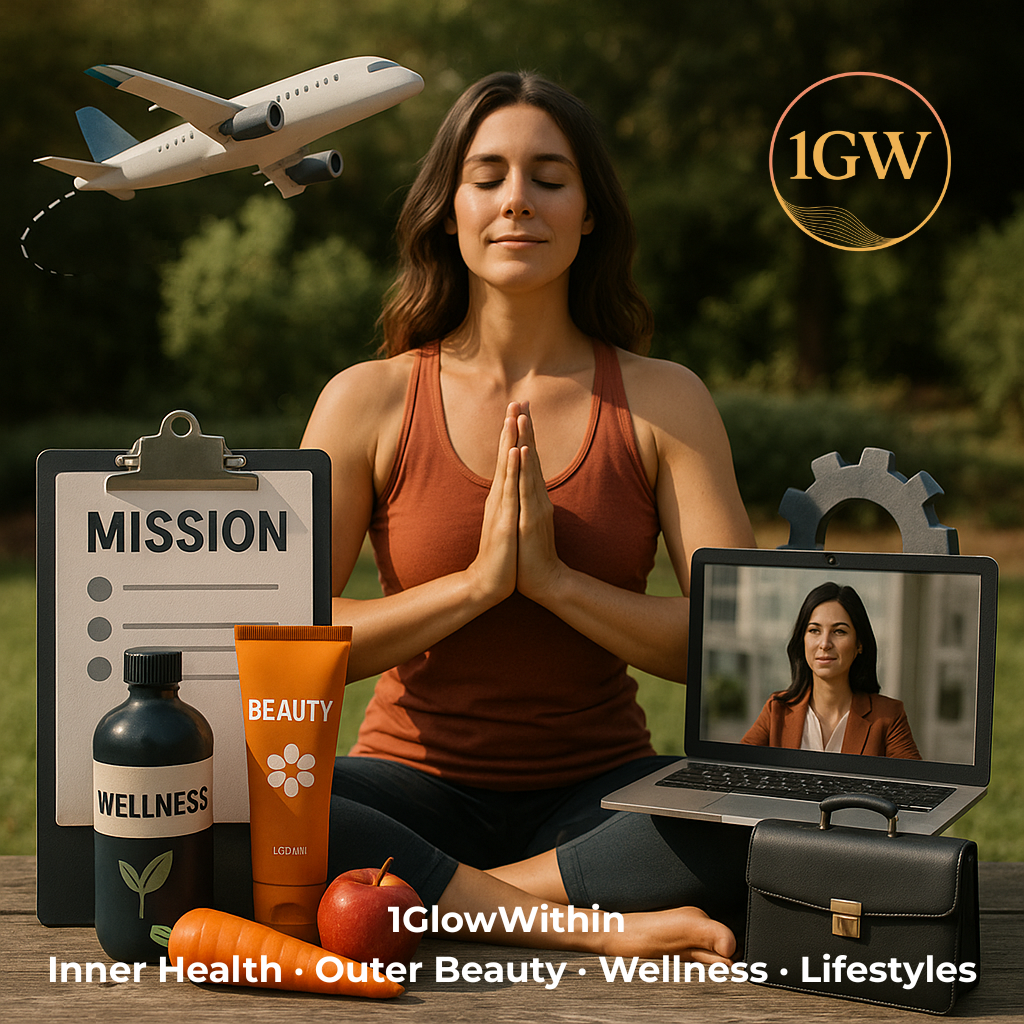 Woman meditating outdoors, plane, laptop, business items, beauty and wellness products. 1GlowWithin logo.