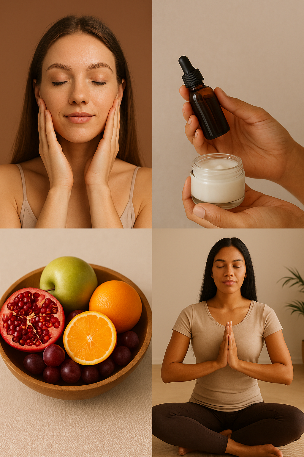 Woman with hands on face, skincare products, bowl of fruit, and person meditating.