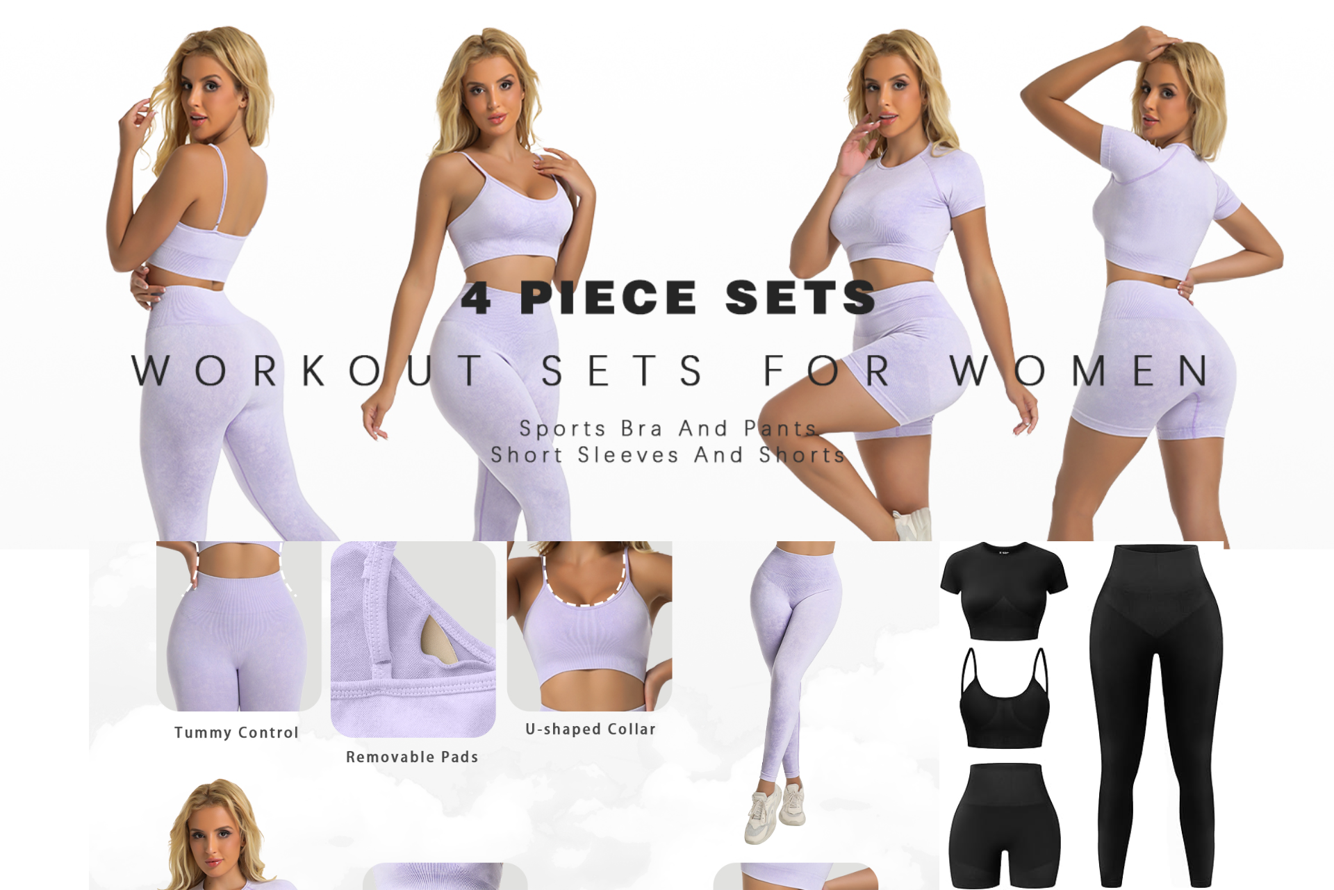 Four women in workout sets; white, purple, and black outfits are displayed. Text: 