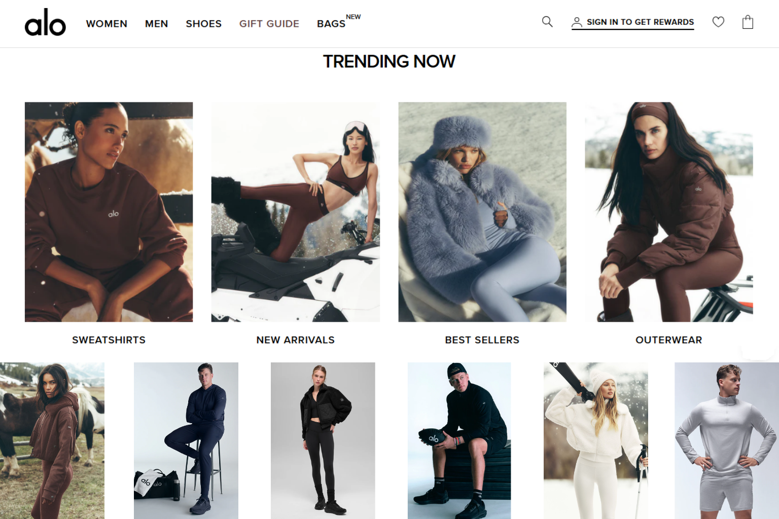 Alo website homepage with models wearing activewear; trending now.