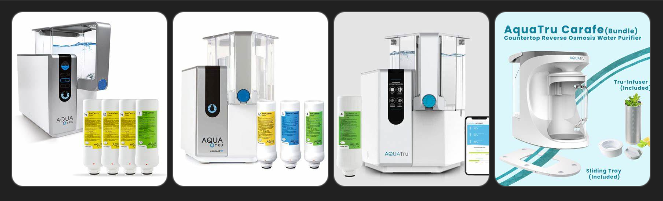 Four white water filtration systems with colorful filters.