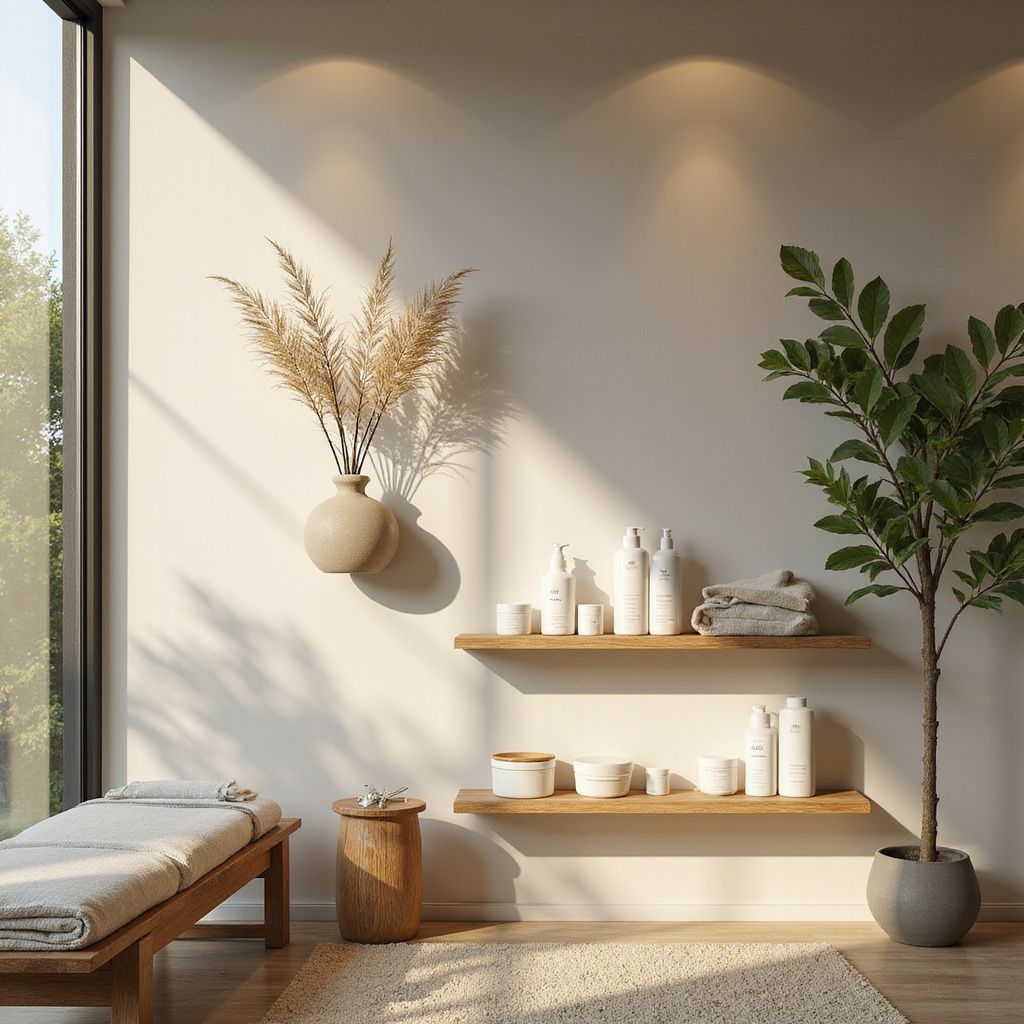 Spa room interior with a massage table, shelves with products, and a potted tree.