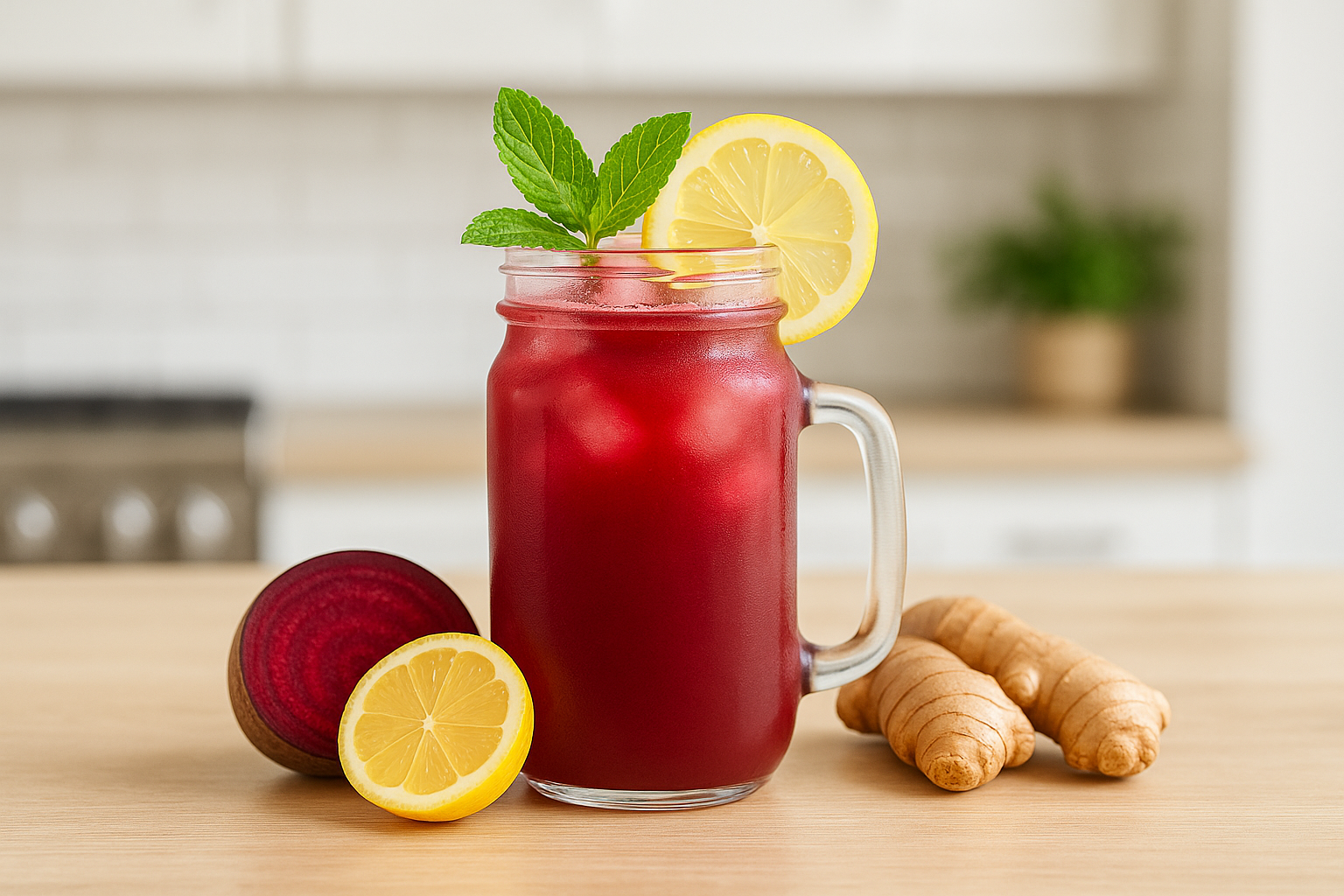 Glass of red juice with lemon, mint, and ice, next to a beet, half a lemon, and ginger.